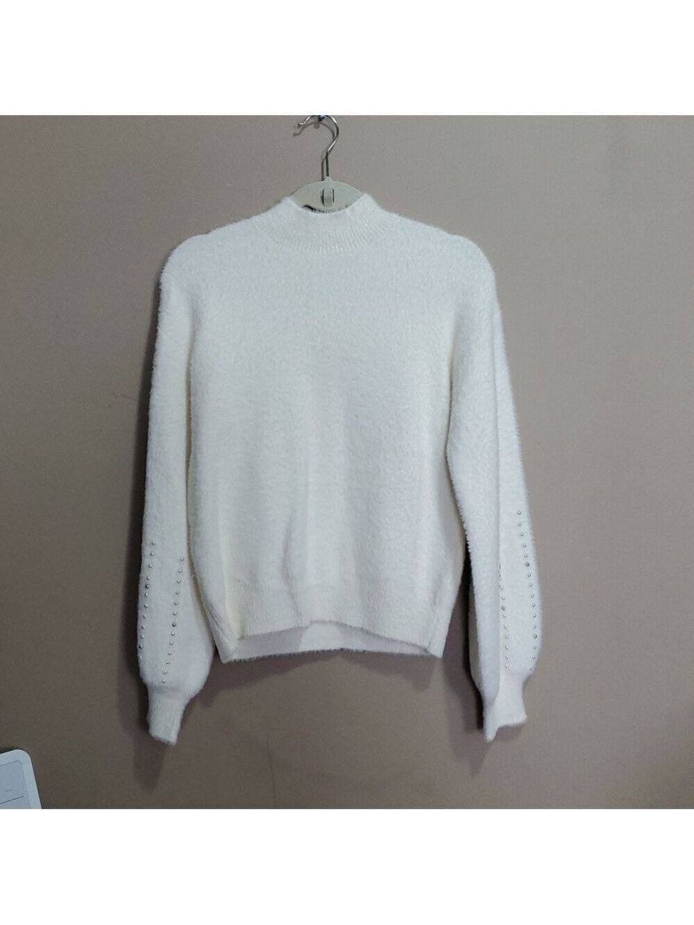 Philosophy white fuzzy long sleeve mock neck sweater with silver beads size med